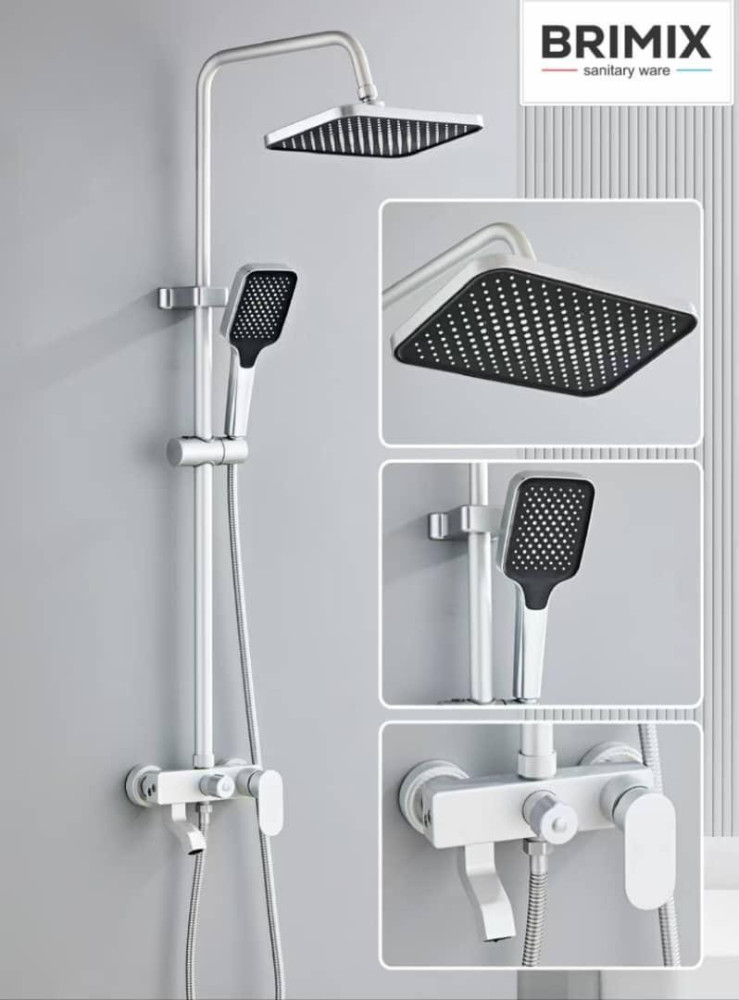 Brimix Sanitary ware Shower mixer set features a sleek, modern design with a rainfall shower head and handhel sprayer