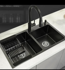 Double bowl workstation Kitchen sink with a black nno-coating finish and matching pull-down faucet