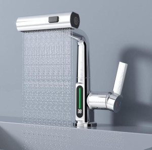 Basin faucet features a waterfall design