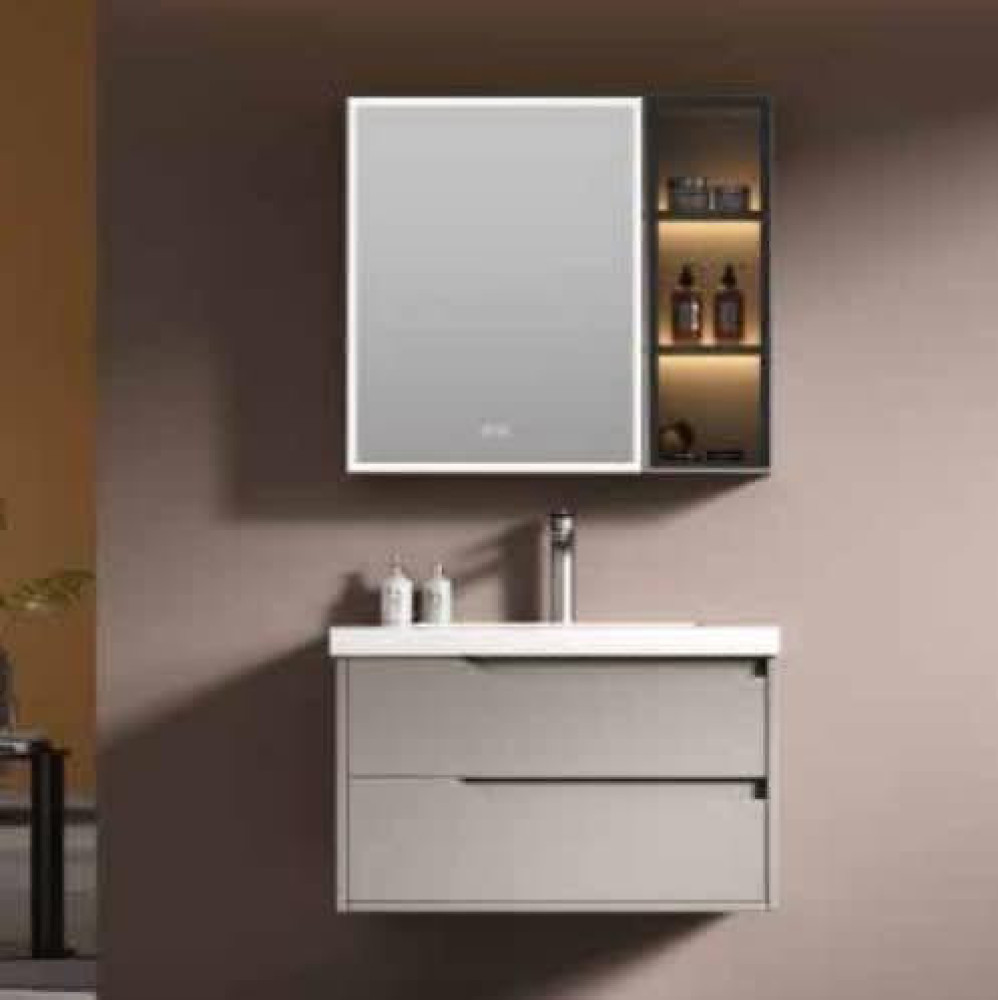 modern bathroom vanity set featuring a wall-mounted medicine cabinet with integrated LED lighting and side shelving, paired with a matching floating vanity cabinet below