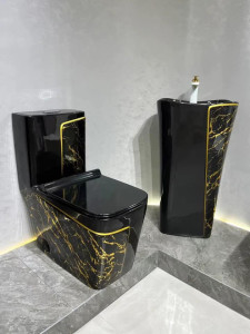 Black arble effect ceramic toilet and basin set with gold plaited details
