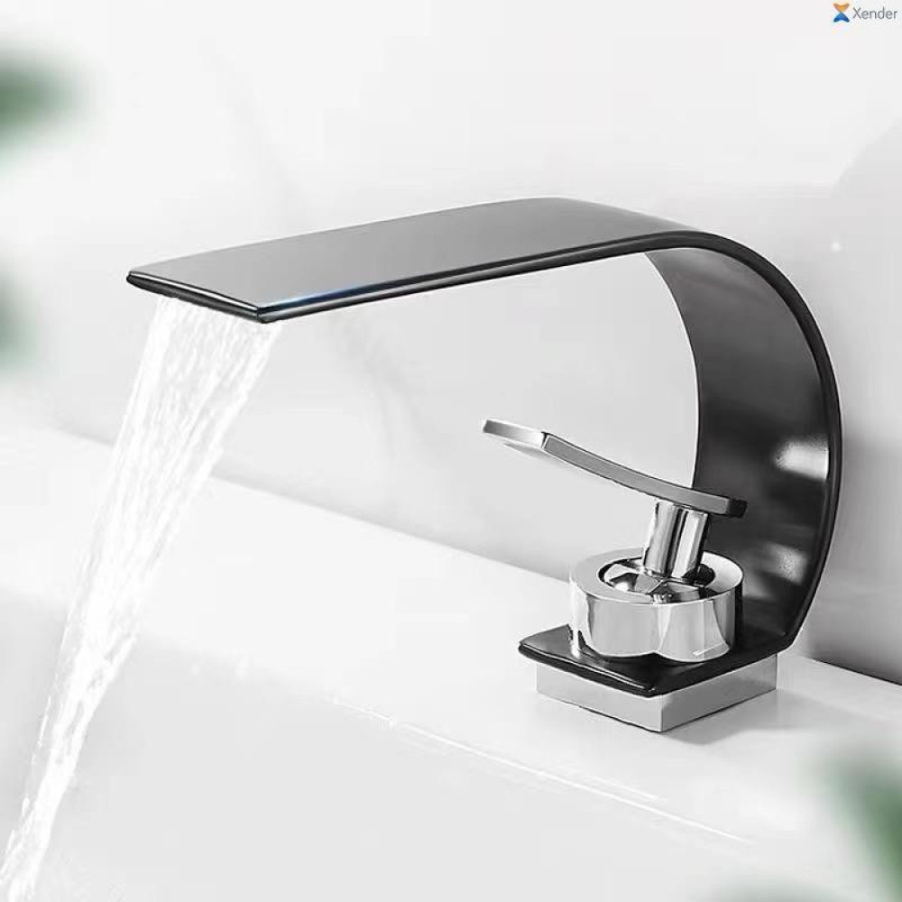This black waterfall bathroom sink faucet is a modern brass mixer tap featuring a single-handle design for precise flow and temperature control