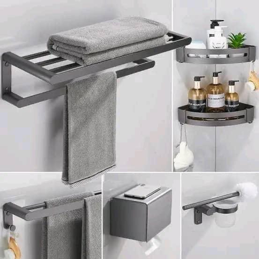 Gunmetal grey bathroom accessory set is crafted from high-qaulity space aluminum 
