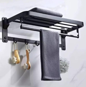 Black multiple towel rail and rack with hooks, perfect for organizing your bathroom essentails