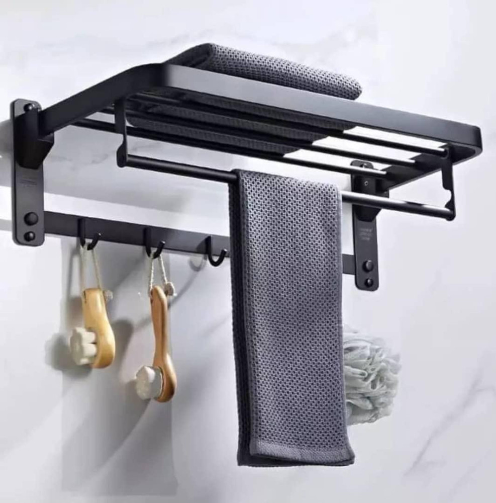 Black multiple towel rail and rack with hooks, perfect for organizing your bathroom essentails