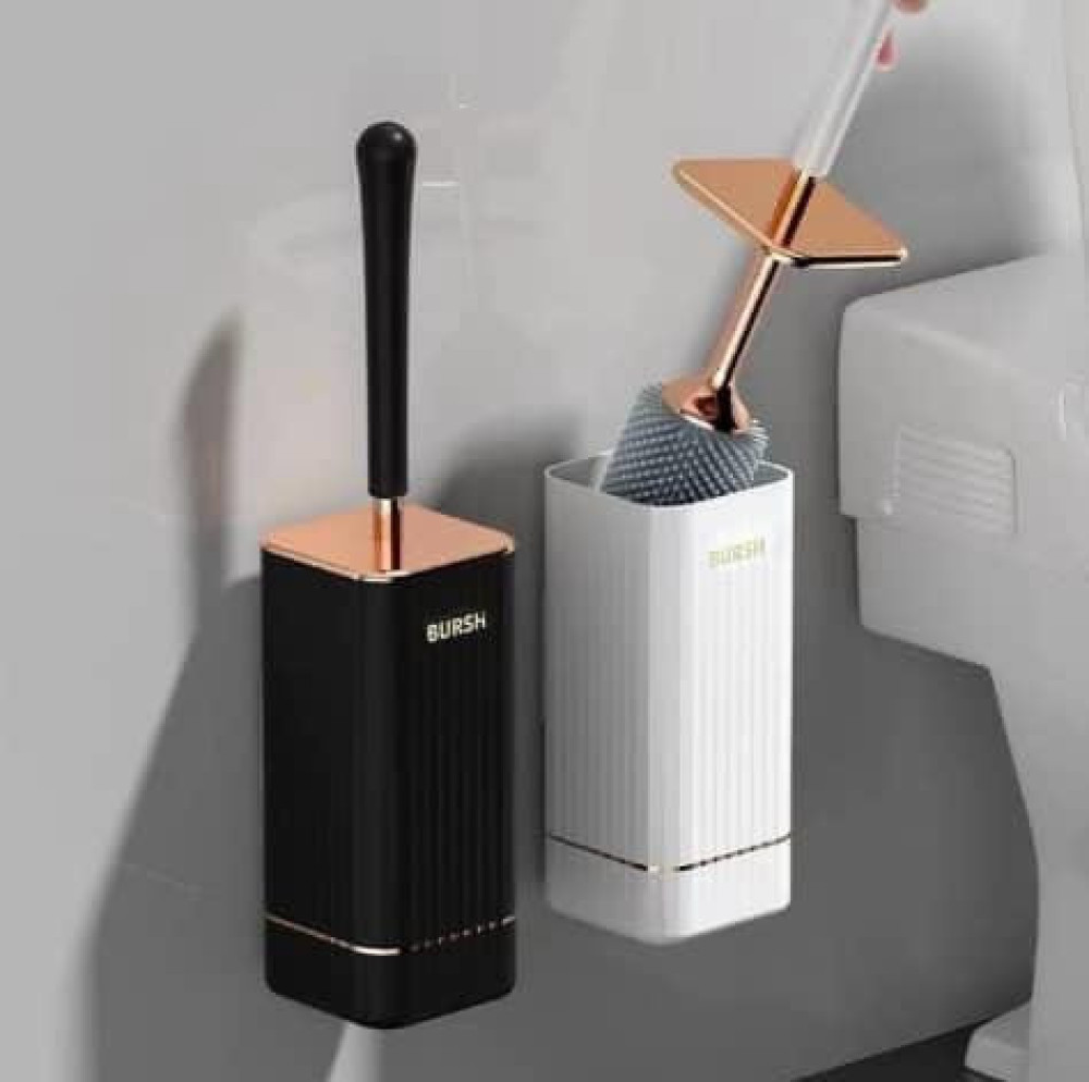 Brush branded wall-mounted toilet brush and holder set featuring slicone bristles