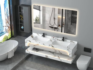 Modern sintered stone wall-mounted double bathroom vanity set with a backlit LED mirror