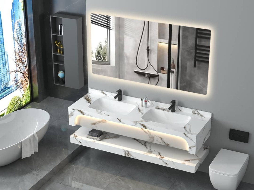 Modern sintered stone wall-mounted double bathroom vanity set with a backlit LED mirror