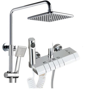 Royalcrest brand shower set features a modern square shower head and multi-function handheld sprayer