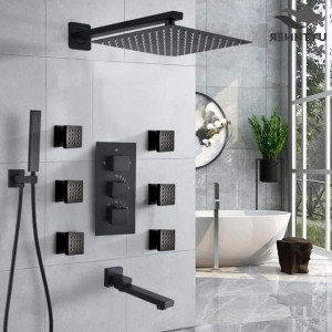 Matte black thermostatic concealed shower faucet set