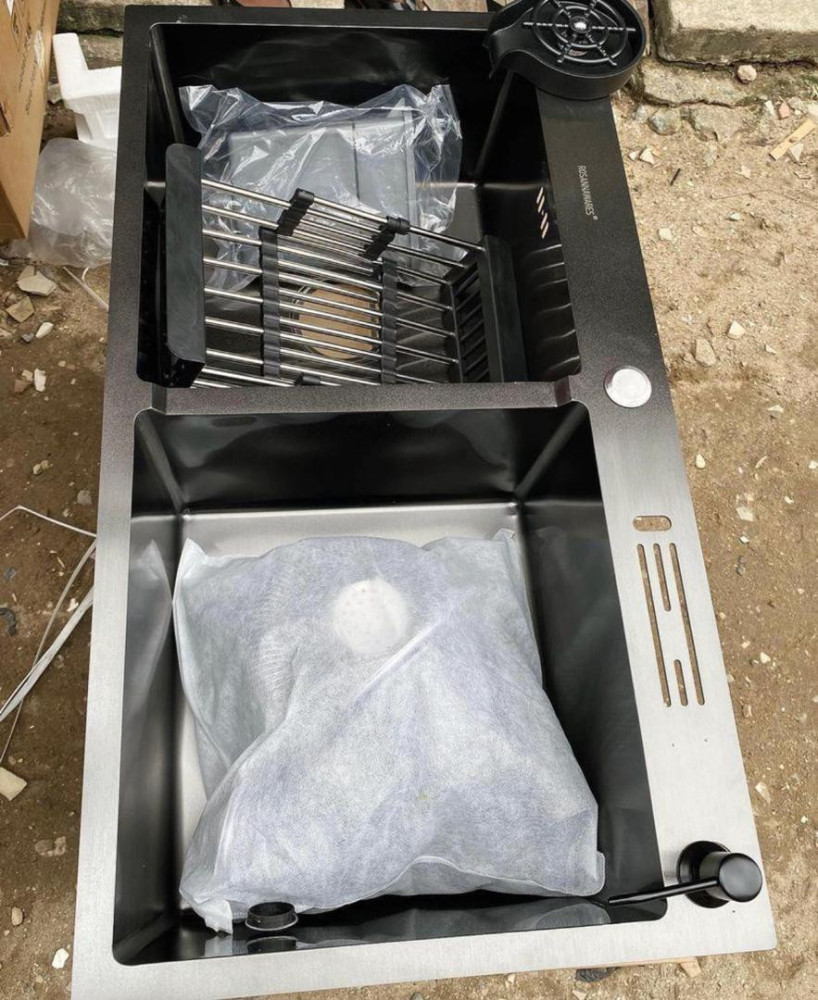 black Stainles steel double bowl Kitchen sink with a workstation design