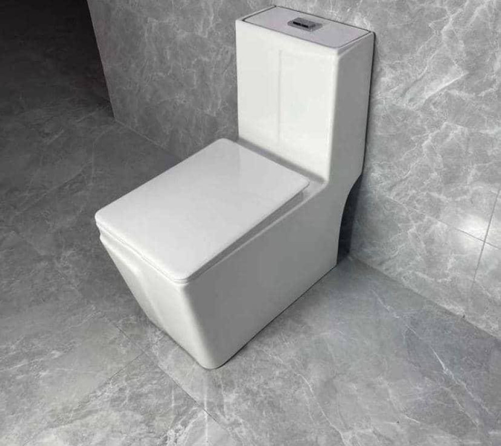 White Ceramic one-piece water closet designed with a sleek, angular aesthetic and a concealed trapway
