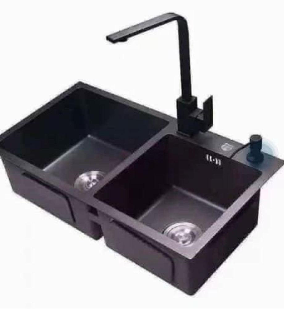 NewbieBoom 304 stainless steel double bowl Kitchen sink with a black pull-out faucet