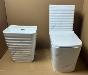 White marble-patterned, fluted executive one-piece water closet set