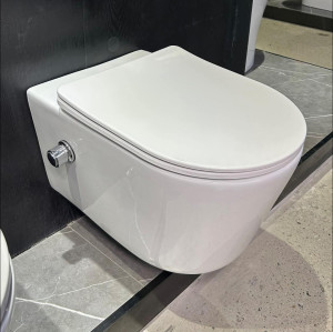 wall-mounted toilet features a bidet function and a rimless design for enhanced hygiene and easy cleaning