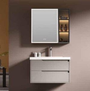 modern bathroom vanity set featuring a wall-mounted medicine cabinet with integrated LED lighting and side shelving, paired with a matching floating vanity cabinet below