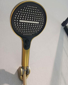 brushed gold hand shower is similar to the Valpra V3380 or the Hansgrohe Rainfinity 130