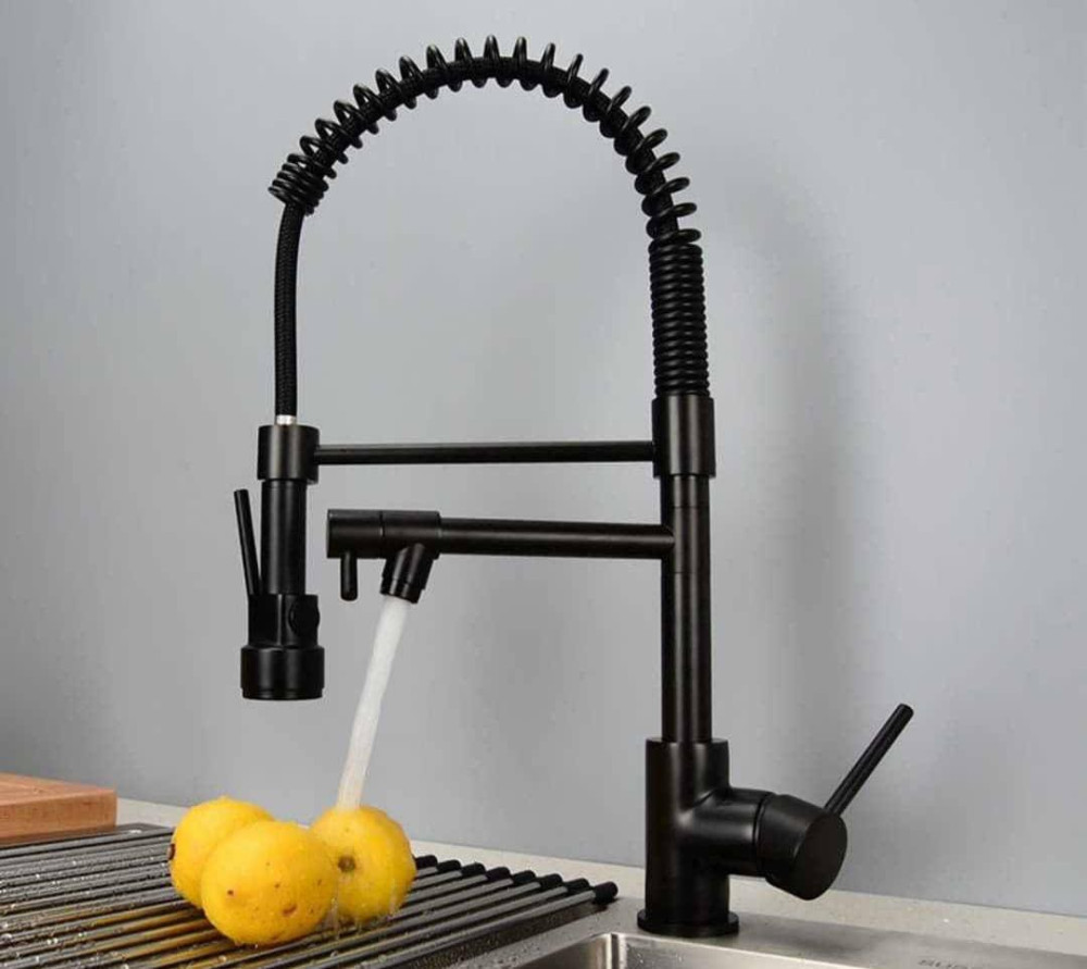 matte black, high-arc Kitchen faucet featuring a flexible spring-loaded sprayer