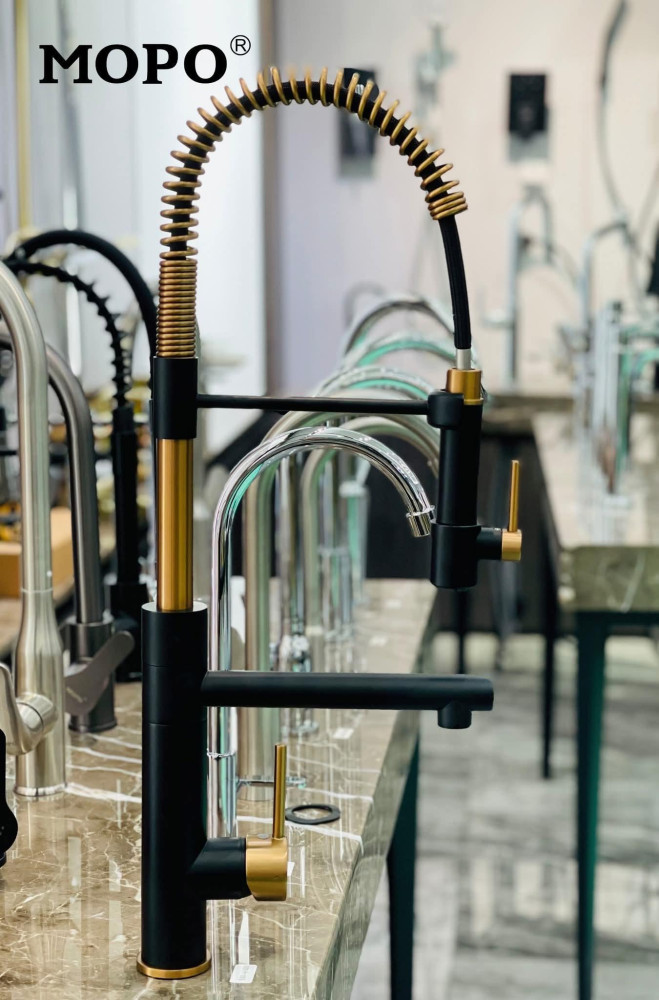 modern spring-type Kitchen faucet featuring a matte black finish with gold accents