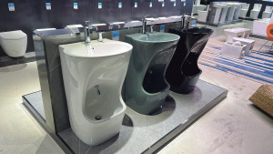 modern ceramic 2-in-1 wudu basin designed for ablution, allowing users to wash hands and face in the upper section and feet in the lower section