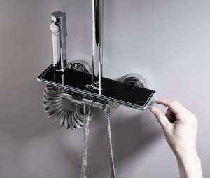 luxury digital thermostatic shower system featuring a smart glass control panel with a real-time water temperature display