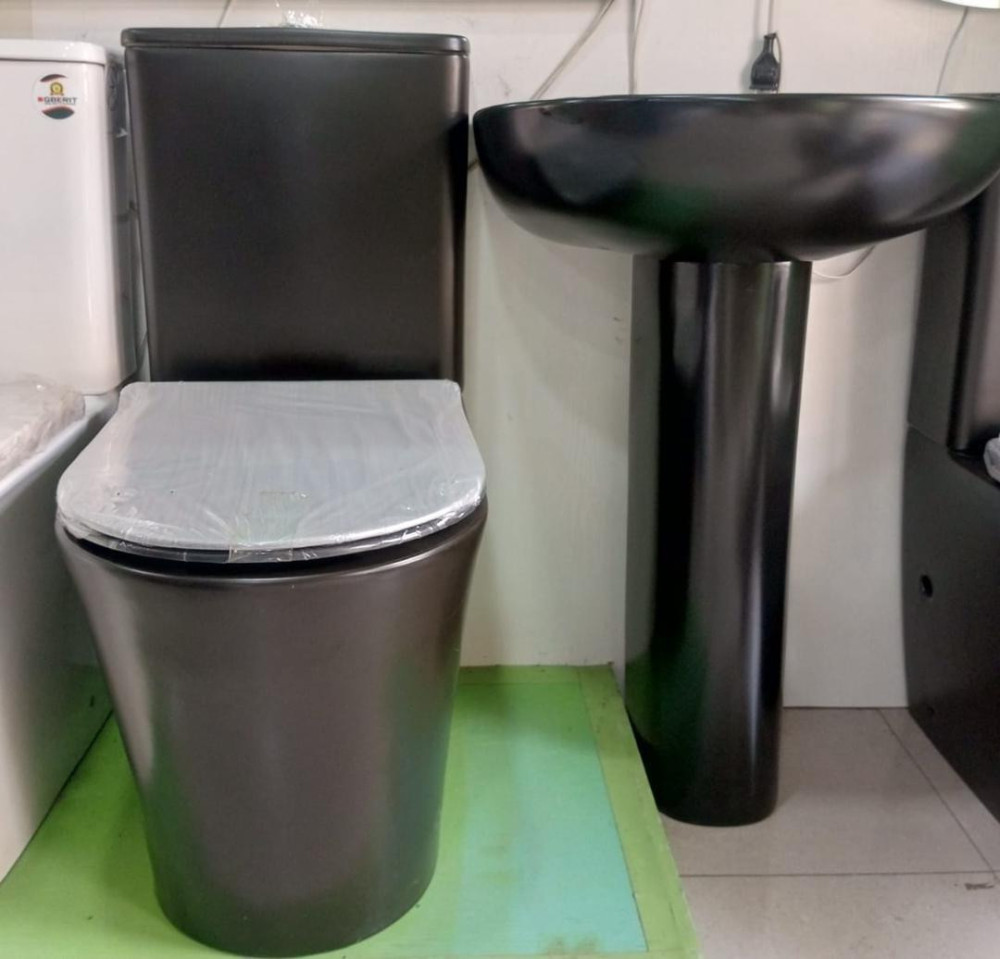 black quality complete set water closet (WC) toilet and pedestal wash hand basin 